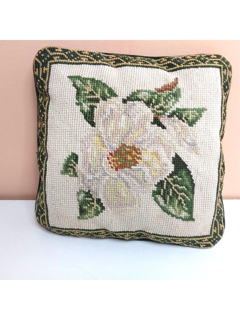 Vintage Needlepoint Floral Throw Pillow Velvet Back Mid Century 9"
